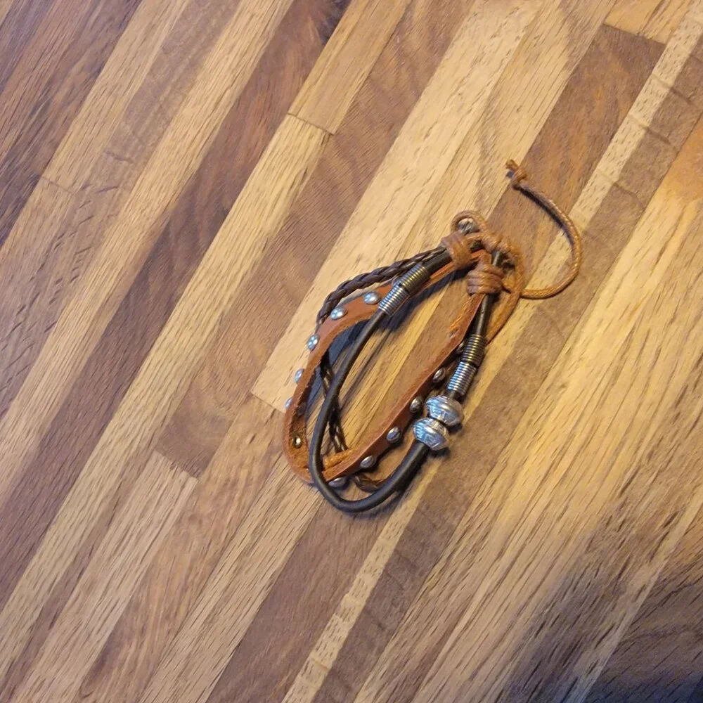 Triple Banded Leather/Corded Boho Metal Stud Adjustable Bracelet